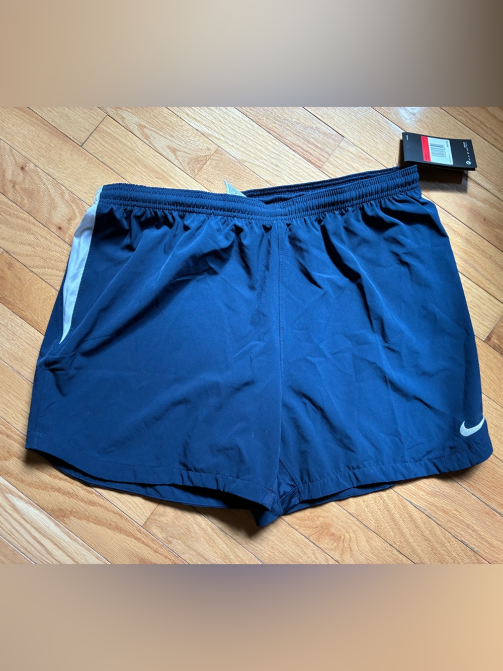Nike Navy and White Running Shorts with Swoosh